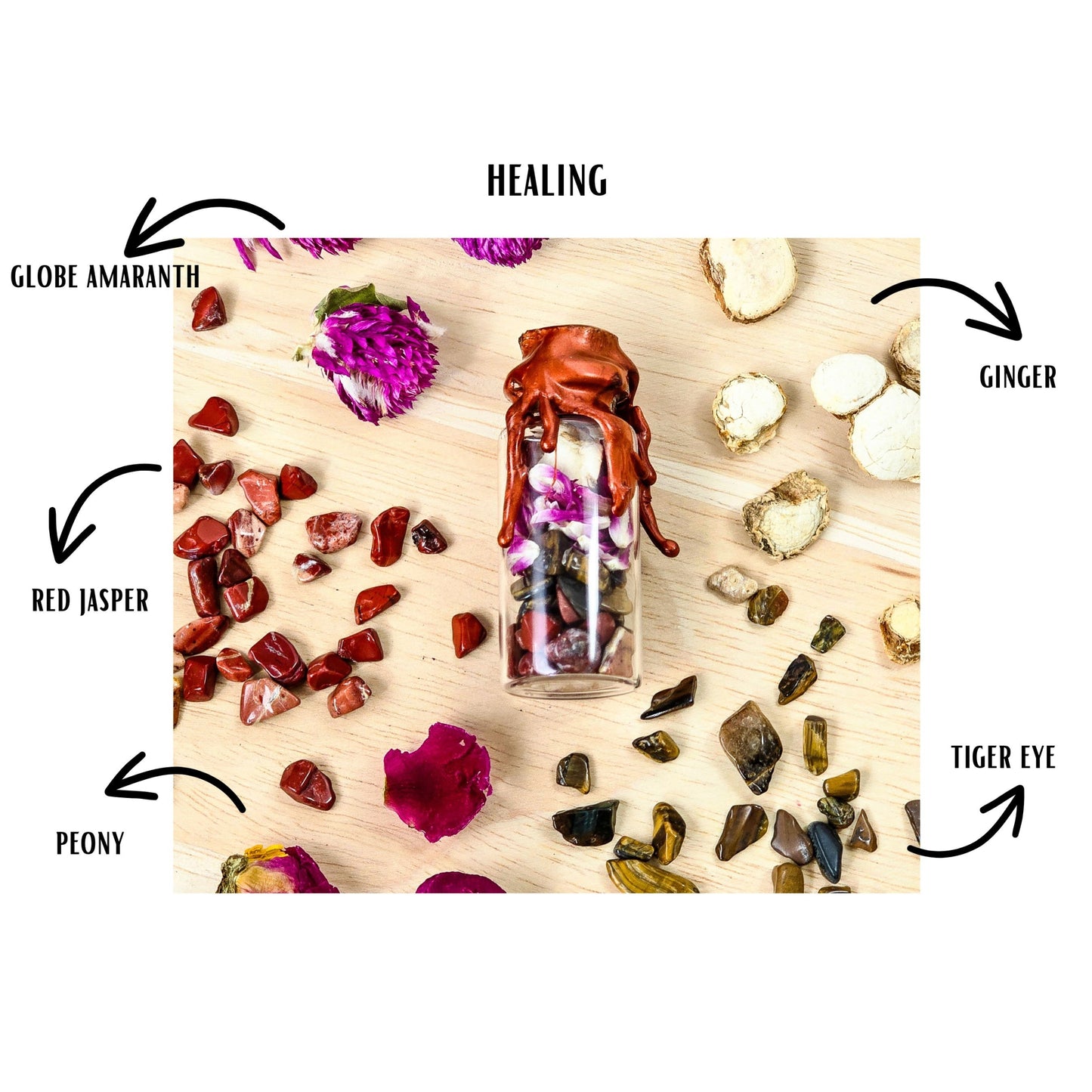 Mini Spell Jar, expertly crafted for healing and protective rituals. This enchanting witch magic potion jar is filled with a blend of protective herbs and crystals, making it the perfect tool for manifesting positive energy and prosperity in your life.