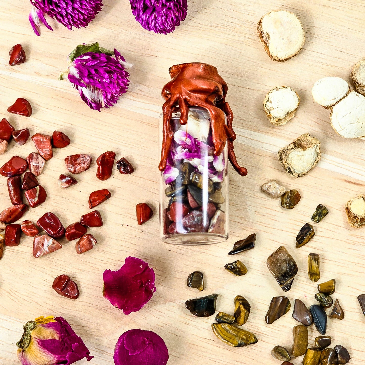 Mini Spell Jar, expertly crafted for healing and protective rituals. This enchanting witch magic potion jar is filled with a blend of protective herbs and crystals, making it the perfect tool for manifesting positive energy and prosperity in your life.