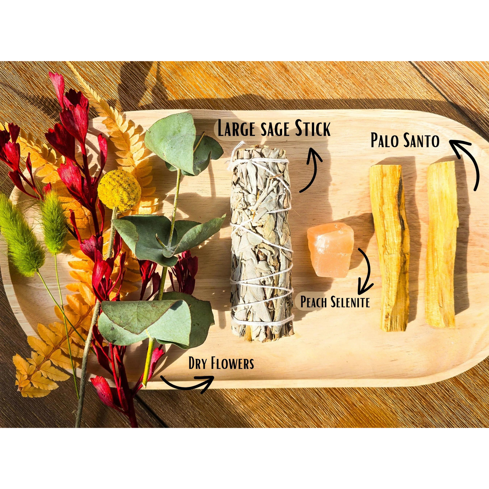 Elevate your spiritual practices with our Personalized Smudge Kit, expertly crafted for crystal enthusiasts and designed to enhance any cleansing ritual. This handcrafted kit features a large white sage smudge stick, organic wild-harvested Palo Santo sticks, and a Peach Selenite crystal, ideal for anyone looking to purify their space and promote inner peace.